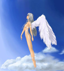 Rule 34 | 1girl, angel, angel wings, artist request, bad anatomy, bad feet, barefoot, bodypaint, cloud, day, feet, long hair, long legs, naked paint, nude, poorly drawn, silver hair, sky, solo, wings