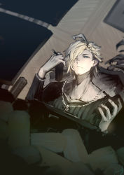 Rule 34 | 1boy, ahoge, aladdin (sinoalice), beard, blonde hair, blue eyes, brown hair, can, cigar, energy drink, facial hair, hair ornament, hairclip, highres, imi (ikaruga roka), jewelry, long sleeves, looking at screen, looking at viewer, male focus, multicolored hair, necklace, reality arc (sinoalice), ring, sinoalice, sketch, smoking, solo, two-tone hair