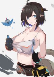 Rule 34 | 1girl, ahoge, arknights, asususususu, black gloves, blue eyes, blue hair, breasts, brown hair, brown shorts, cleavage, collarbone, crop top, eunectes (arknights), eunectes (forgemaster) (arknights), gloves, hand on own hip, high priest (arknights), highres, id card, large breasts, looking at viewer, midriff, multicolored hair, navel, official alternate costume, pointy ears, pulling own clothes, rhodes island logo (arknights), shirt, shirt tug, short hair, shorts, simple background, sketch, snake tail, solo focus, streaked hair, tail, upper body, white background, white shirt
