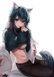 Rule 34 | absurdres, animal ear fluff, animal ears, arknights, arm support, black hair, black pantyhose, black sweater, breasts, closed mouth, clothes lift, dog tags, finger to mouth, highres, jacket, large breasts, long hair, long sleeves, looking at viewer, multicolored hair, navel, no bra, no pants, official alternate costume, open clothes, open jacket, orange eyes, panties, panties under pantyhose, pantyhose, red hair, shokuyou koori, simple background, sitting, stomach, sweater, sweater lift, texas (arknights), texas (winter messenger) (arknights), thighband pantyhose, two-tone hair, underboob, underwear, very long hair, white background, white jacket, white panties, wolf ears
