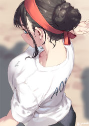 Rule 34 | 1girl, black hair, blue eyes, breasts, clothes writing, commentary request, from above, from behind, gym uniform, hair bun, hairband, hand up, jonsun, looking at viewer, medium breasts, mole, mole under eye, original, red hairband, short hair, short sleeves, single hair bun, solo, tamami (jonsun), twitter username
