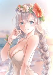 Rule 34 | 1girl, absurdres, anastasia (fate), anastasia (swimsuit archer) (fate), anastasia (swimsuit archer) (second ascension) (fate), anyuendo, backlighting, bare shoulders, beach, blue eyes, blue sky, blush, braid, breasts, cleavage, collarbone, dress, dress swimsuit, fate/grand order, fate (series), flower wreath, gradient sky, hair over one eye, head wreath, highres, large breasts, long hair, looking at viewer, orange sky, shore, silver hair, sky, smile, solo, sunset, twin braids, very long hair, white dress