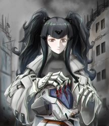 Rule 34 | 1girl, black hair, building, closed mouth, commentary, cyborg, dated commentary, english commentary, girls&#039; frontline, grey eyes, hair ornament, hairclip, haonfest, highres, jacket, lips, long hair, looking down, machine, mecha musume, mechanical arms, nyto (generic) (girls&#039; frontline), nyto (girls&#039; frontline), nyto argentus (girls&#039; frontline) (haonfest), open clothes, open jacket, original, paradeus, prosthesis, prosthetic arm, prosthetic leg, solo, turtleneck, twintails, upper body, white jacket