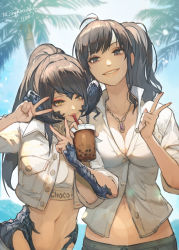 Rule 34 | 2girls, au ra, black eyes, black hair, breasts, bubble tea, cleavage, double v, drinking, drinking straw, drinking straw in mouth, eyeliner, final fantasy, final fantasy xiv, grin, hide (hideout), highres, horns, jewelry, looking at viewer, makeup, midriff, multiple girls, navel, necklace, palm tree, ponytail, scales, smile, sports bra, tree, v, warrior of light (ff14), yellow eyes