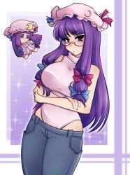 Rule 34 | 1girl, bare shoulders, blue bow, blunt bangs, bow, breasts, bun cover, crescent, crescent hat ornament, deily, denim, double bun, fumo (doll), glasses, hair bow, hair bun, hat, hat ornament, highres, jeans, large breasts, leotard, leotard under clothes, long hair, mob cap, pants, patchouli knowledge, pink leotard, purple eyes, purple hair, purple hat, red bow, solo, touhou, turtleneck, very long hair