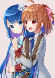 Rule 34 | 2girls, :d, ahoge, anz32, bad id, bad pixiv id, blue hair, bow, breasts, brown background, brown hair, center frills, closed mouth, collared shirt, commentary request, commission, flower, frills, gradient hair, green bow, grey jacket, hair bobbles, hair bow, hair flower, hair ornament, hand up, hug, hug from behind, jacket, long hair, long sleeves, low twintails, multicolored hair, multiple girls, open mouth, pink bow, ponytail, purple hair, rose, setsuna (shironeko project), shironeko project, shirt, simple background, small breasts, smile, striped, striped bow, teeth, towa (shironeko project), twintails, twitter username, upper body, upper teeth only, very long hair, white flower, white rose, white shirt