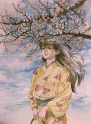 1girl black_hair blue_sky branch cherry_blossoms closed_mouth commentary_request eyelashes highres inuyasha japanese_clothes kimono long_hair looking_ahead outdoors print_kimono rin_(inuyasha) sky smile solo standing yellow_kimono yuko_(kana21235)