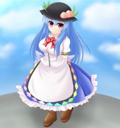 Rule 34 | 1girl, arms behind back, b.leaf, blue hair, boots, bow, breasts, cloud, day, dress, female focus, food, fruit, hat, highres, hinanawi tenshi, holding, holding behind back, impossible clothes, impossible shirt, large breasts, long hair, peach, purple eyes, shirt, short sleeves, smile, solo, touhou