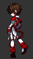 Rule 34 | 1boy, armband, armor, brown hair, closed mouth, commentary, earrings, employee (project moon), gloves, grey background, highres, jewelry, lobotomy corporation, male focus, pants, project moon, red eyes, shaded face, shirt, short hair, shot (urem), shoulder armor, simple background, solo, translation request, white footwear, white gloves, white pants, white shirt