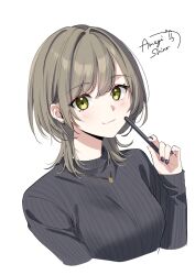 Rule 34 | 1girl, amagi shino, arm at side, black nails, black sweater, blush, closed mouth, cropped torso, green eyes, grey hair, hair between eyes, hair intakes, hand up, highres, holding, holding stylus, jewelry, looking at viewer, medium hair, nail polish, original, pendant, ribbed sweater, sidelocks, signature, simple background, smile, solo, stylus, sweater, white background, wolf cut
