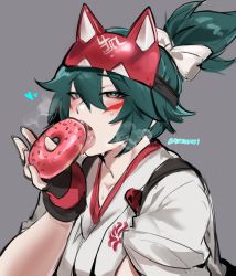 Rule 34 | 1girl, absurdres, animal ears, black gloves, blush, brown eyes, doughnut, eating, facial mark, fingerless gloves, food, forehead protector, fox ears, gloves, green hair, grey background, hair between eyes, heart, heart-shaped pupils, heavy breathing, highres, holding, holding food, japanese clothes, kimono, kiriko (overwatch), kurenaiz (kuayrenaiz), looking at viewer, overwatch, overwatch 2, ponytail, saliva, sexually suggestive, simple background, solo, sprinkles, sweat, symbol-shaped pupils, tongue, tongue out, upper body, white kimono