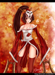 Rule 34 | 1girl, absurdres, akali, akali (legacy), blood moon akali, blush, breasts, brown hair, cheng, cleavage, high ponytail, highres, japanese clothes, leaf, league of legends, long hair, ponytail, red eyes, sleeves past wrists, thighhighs, very long hair, weapon