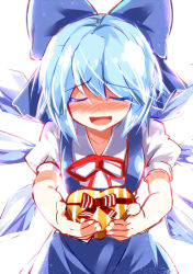 Rule 34 | 1girl, blue dress, blue hair, blush, bow, box, cirno, colored eyelashes, dress, e.o., gift, gift box, giving, hair bow, happy, heart-shaped box, ice, ice wings, incoming gift, lovestruck, open mouth, puffy short sleeves, puffy sleeves, shirt, short sleeves, smile, solo, touhou, wings
