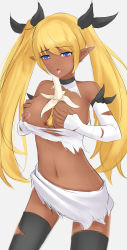 Rule 34 | 1girl, banana, between breasts, black thighhighs, blonde hair, blue eyes, blush, bow, breasts squeezed together, breasts, dark-skinned female, dark skin, fingerless gloves, food, fruit, gloves, hair bow, halterneck, highres, large breasts, licking, long hair, navel, nipples, pointy ears, ricegnat, skirt, solo, thighhighs, torn clothes, torn gloves, torn skirt, torn thighhighs, twintails, white gloves