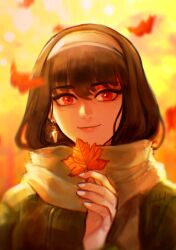 Rule 34 | 1girl, autumn, black hair, blurry, blurry background, blurry foreground, closed mouth, commentary, earrings, enpera, falling leaves, glint, gold earrings, hair between eyes, hairband, hand up, holding, holding leaf, jewelry, leaf, long hair, looking at viewer, maple leaf, outdoors, red eyes, scarf, sethkiel, smile, solo, spy x family, upper body, white hairband, yor briar