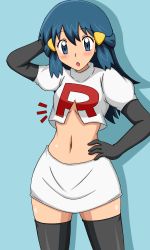 Rule 34 | 1girl, bad id, bad pixiv id, black thighhighs, blue eyes, blue hair, bra, unworn bra, creatures (company), crop top, dawn (pokemon), game freak, kuro hopper, long hair, looking at viewer, matching hair/eyes, midriff, miniskirt, navel, nintendo, open mouth, pokemon, pokemon (anime), skirt, solo, team rocket, thighhighs, underwear