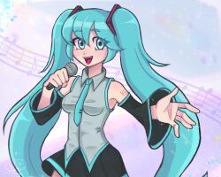Rule 34 | 1girl, androga 07, black skirt, black sleeves, blue eyes, blue hair, blue necktie, breasts, collared shirt, commentary, detached sleeves, eyes visible through hair, grey shirt, hair between eyes, hair ornament, hatsune miku, hatsune miku expo, highres, holding, holding microphone, long hair, long sleeves, looking at viewer, medium bangs, microphone, miniskirt, musical note, necktie, number tattoo, open mouth, pleated skirt, shirt, shoulder tattoo, skirt, sleeveless, sleeveless shirt, small breasts, solo, sparkle, staff (music), tattoo, twintails, very long hair, vocaloid