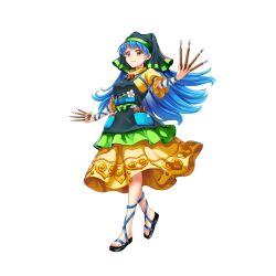 Rule 34 | 1girl, apron, black footwear, blue hair, closed mouth, dress, flower, full body, game cg, green apron, green headwear, haniyasushin keiki, head scarf, highres, jewelry, long hair, looking at viewer, magatama, magatama necklace, necklace, pocket, red eyes, rotte (1109), short sleeves, simple background, single strap, smile, solo, third-party source, touhou, touhou lostword, white background, white flower, wood carving tool, yellow dress