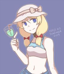 Rule 34 | 100 percent orange juice, 1girl, artist request, bad id, bad twitter id, bikini, blonde hair, blue background, blue bikini, blue eyes, blue sarong, bow, breasts, closed mouth, collarbone, cup, drinking glass, fernet (orange juice), flying red barrel, hair bow, hat, hat bow, holding, holding cup, looking at viewer, medium hair, midriff, multicolored bikini, multicolored clothes, navel, official alternate costume, pink bow, red bow, sarong, simple background, small breasts, smile, solo, stomach, swimsuit, white hat