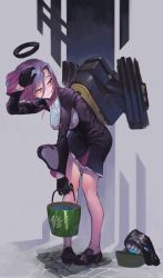 Rule 34 | 10s, 1girl, abyssal ship, black dress, black footwear, black gloves, breasts, bucket, dress, frilled dress, frills, gloves, halo, hand on own head, holding, holding bucket, kantai collection, leaning forward, long sleeves, mechanical halo, medium breasts, pleated dress, purple hair, rigging, shadow, shoes, short hair, solo, standing, tatsuta (kancolle), tianzhong zhongtian, wind, wind lift, yellow eyes