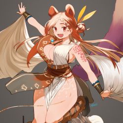 Rule 34 | 1girl, :d, animal ears, bracelet, breasts, brown eyes, brown sash, character request, dress, fang, grey background, hair bun, jewelry, large breasts, looking at viewer, open mouth, orange hair, original, outstretched arms, pelvic curtain, ryusei hashida, sash, shawl, simple background, single hair bun, smile, solo, spread arms, white dress