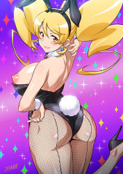 Rule 34 | 10s, 1girl, animal ears, arm up, ass, back-seamed legwear, blonde hair, blush, breasts, cure honey, earrings, fake animal ears, fishnet pantyhose, fishnets, from behind, hand on own hip, happinesscharge precure!, heart, heart earrings, jewelry, joy ride, large breasts, leg up, leotard, long hair, looking at viewer, looking back, nail polish, nipples, oomori yuuko, pantyhose, playboy bunny, precure, rabbit ears, rabbit tail, seamed legwear, shiny skin, smile, solo, sparkle, tail, twintails, wrist cuffs, yellow eyes