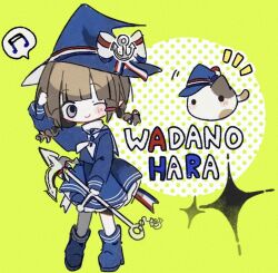 Rule 34 | 1girl, anchor, animal, back bow, blue bow, blue footwear, blue headwear, blue sailor collar, blue serafuku, blue skirt, blunt bangs, blush stickers, boots, bow, braid, brown hair, cat, character name, chibi, commentary, funamusea, grey eyes, hand on own head, hat, hat bow, holding, holding anchor, multicolored bow, musical note, neckerchief, oounabara to wadanohara, pointy ears, polka dot, red bow, sailor, sailor collar, school uniform, serafuku, short braid, short hair, sidelocks, simple background, skirt, smile, sparkle, speech bubble, spoken musical note, symbol-only commentary, twin braids, wadanohara, white bow, white neckerchief, witch hat, yellow background, younai oxo