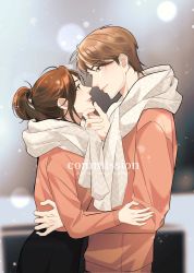 Rule 34 | 1boy, 1girl, alternate costume, black pants, brown eyes, brown hair, couple, facial hair, grey scarf, hair between eyes, hand on another&#039;s arm, hand on another&#039;s back, hand on another&#039;s chin, highres, jean kirstein, long hair, long sleeves, looking at another, orange shirt, pants, parted bangs, ponytail, profile, sasha blouse, scarf, shared clothes, shared scarf, shingeki no kyojin, shirt, short hair, smile, snow, stubble, swandita, upper body, watermark