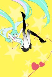Rule 34 | 1girl, :d, absurdly long hair, bad id, bad twitter id, black skirt, blue eyes, blue hair, blue necktie, floating, floating hair, full body, hatsune miku, heart, high heels, highres, leg up, limited palette, long hair, looking at viewer, maruchi, necktie, open mouth, shirt, skirt, sleeveless, sleeveless shirt, smile, solo, star (symbol), string, string of fate, very long hair, vocaloid, yellow background