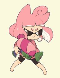 Rule 34 | 1girl, animal ears, bad id, bad twitter id, barefoot, bike shorts, black shorts, blunt bangs, blush stickers, brown eyes, cat ears, chibi, closed mouth, full body, gomi (kaiwaresan44), holding, holding weapon, inkling, inkling girl, inkling player character, long sleeves, looking to the side, nintendo, pink hair, pink sweater, short hair, shorts, simple background, single vertical stripe, smile, solo, splatoon (series), splatoon 2, splattershot (splatoon), standing, sweater, tentacle hair, v-shaped eyebrows, v-shaped eyes, weapon, yellow background