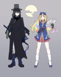 Rule 34 | 1boy, 1girl, alternate costume, artoria caster (fate), artoria pendragon (fate), bead necklace, beads, black capelet, black hair, black headwear, black robe, blonde hair, blue eyes, blue headwear, boots, breasts, capelet, fate/grand order, fate (series), folding fan, full body, fur collar, green eyes, grey pants, hand fan, hat, highres, house tag denim, jewelry, kneehighs, long hair, long sleeves, looking at viewer, multicolored sleeves, necklace, oberon (fate), oberon (third ascension) (fate), pants, robe, short hair, small breasts, smile, socks, sword, tassel, top hat, twintails, weapon