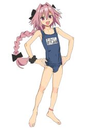 Rule 34 | 1boy, :d, absurdres, astolfo (fate), bare arms, bare legs, bare shoulders, barefoot, black bow, blue one-piece swimsuit, blush stickers, bow, braid, bulge, character name, collarbone, fang, fate/apocrypha, fate (series), full body, hair between eyes, hair bow, hands on own hips, highres, imamura ryou, long braid, long hair, looking at viewer, male focus, multicolored hair, name tag, old school swimsuit, one-piece swimsuit, open mouth, pink hair, purple eyes, school swimsuit, scrunchie, simple background, single braid, sketch, skin fang, smile, solo, standing, streaked hair, swimsuit, trap, two-tone hair, very long hair, white background, white hair, wrist scrunchie