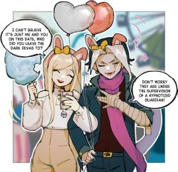 Rule 34 | 1boy, 1girl, amusement park, animal ears, balloon, bandaged arm, bandages, barry nah, black nails, blonde hair, blurry, blurry background, bow, brown shirt, brown skirt, closed eyes, commentary, cotton candy, danganronpa (series), danganronpa 2: goodbye despair, ear bow, english commentary, english text, facing viewer, fake animal ears, green jacket, green pants, hand on own hip, hand up, hands up, heart balloon, highres, holding, holding balloon, holding phone, jacket, jewelry, locked arms, long hair, multicolored hair, nail polish, open mouth, outdoors, pants, phone, rabbit ears, scarf, shirt, skirt, skull ornament, sonia nevermind, speech bubble, tanaka gundham