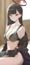 Rule 34 | 1girl, absurdres, black hair, black skirt, blue archive, blurry, blurry background, blush, bra, breasts, cleavage, closed mouth, collarbone, commentary, grey bra, hair ornament, hairclip, halo, highres, kji (rozo), long hair, looking at viewer, medium breasts, navel, panties, red eyes, red halo, rio (blue archive), sitting, skirt, solo, thighs, tied skirt, underwear