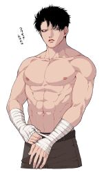 Rule 34 | 1boy, bandaged arm, bandages, black hair, brown pants, cropped legs, highres, male focus, muscular, muscular male, no eyebrows, ohayousan 084, original, pants, parted bangs, purple eyes, raoul (ohayousan 084), short hair, spiked hair, topless male, white background