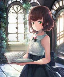 Rule 34 | 1girl, arch, bare arms, bare shoulders, black ribbon, book, bow, brooch, brown hair, center frills, dress, frills, from side, green eyes, holding, holding book, indoors, jewelry, lace, looking at viewer, looking to the side, open book, original, plant, ribbon, short hair, sleeveless, sleeveless dress, smile, solo, stairs, striped bow, striped clothes, striped dress, uro (uro zi), vertical-striped clothes, vertical-striped dress, window