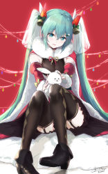 Rule 34 | 1girl, 1other, aqua eyes, aqua hair, asahi kuroi, bell, black footwear, black shirt, black skirt, blush stickers, cape, christmas, christmas lights, commentary, detached sleeves, closed eyes, fur-trimmed cape, fur trim, hair bell, hair ornament, hatsune miku, highres, light smile, long hair, looking at viewer, on lap, open mouth, rabbit, rabbit yukine, red background, red cape, red sleeves, shirt, signature, sitting, skirt, thighhighs, twintails, very long hair, vocaloid