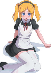Rule 34 | 1girl, absurdres, apron, arm support, bad id, bad pixiv id, black dress, black footwear, blonde hair, blue eyes, blush, collared dress, dress, highres, long hair, maid, mary janes, original, parted bangs, parted lips, puffy short sleeves, puffy sleeves, red ribbon, ribbon, shoes, short sleeves, sidelocks, sitting, solo, surio, sweat, thighhighs, twintails, white apron, white background, white thighhighs, yokozuwari