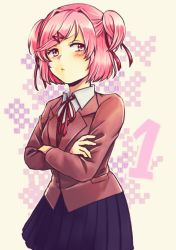 Rule 34 | 1girl, :&lt;, blue skirt, blush, brown jacket, cappuccino1, commentary request, crossed arms, doki doki literature club, hair ornament, hair ribbon, hairclip, jacket, long sleeves, looking at viewer, natsuki (doki doki literature club), pink eyes, pink hair, pleated skirt, red ribbon, ribbon, school uniform, short hair, simple background, skirt, solo, swept bangs, two side up, v-shaped eyebrows, wing collar