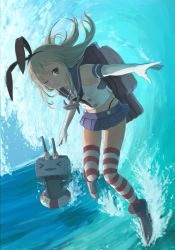 Rule 34 | 10s, 1girl, anchor, anchor hair ornament, black panties, blonde hair, commentary request, crop top, elbow gloves, gloves, grey eyes, hair ornament, hair ribbon, hairband, highleg, highleg panties, kantai collection, long hair, looking at viewer, microskirt, ocean, one eye closed, panties, rensouhou-chan, ribbon, sailor collar, shimakaze (kancolle), skirt, smile, solo, striped clothes, striped thighhighs, surfing, thighhighs, thong, underwear, water, waves, white gloves, youmak
