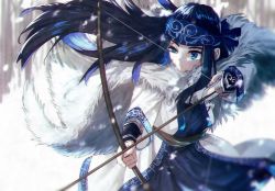 Rule 34 | 1girl, ainu clothes, asirpa, black hair, blue eyes, blue hair, blue headband, bow (weapon), cape, capelet, closed mouth, colored inner hair, floating hair, fur-trimmed capelet, fur trim, golden kamuy, half-closed eyes, headband, highres, holding, holding bow (weapon), holding weapon, long hair, long sleeves, multicolored hair, outdoors, snowing, solo, very long hair, weapon, white cape, y6m9e kasabuta