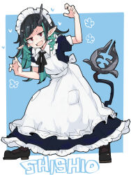 Rule 34 | 1girl, :d, alternate costume, apron, black bow, black bowtie, black dress, black footwear, black hair, blue background, blue hair, blunt bangs, blush, bow, bowtie, collared dress, commentary request, demon girl, demon horns, demon tail, diagonal bangs, dress, drill hair, drill sidelocks, enmaided, fang, flat chest, frilled apron, frilled dress, frills, full body, highres, horns, long hair, looking at viewer, maid, maid apron, medium bangs, multicolored hair, nanashi inc., open mouth, pocket, pointy ears, puffy short sleeves, puffy sleeves, red eyes, shishio chris, shoes, short sleeves, sidelocks, smile, solo, tail, tomatojam, two-tone hair, v-shaped eyebrows, virtual youtuber, white apron