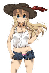 Rule 34 | 1girl, bad id, bad pixiv id, blonde hair, blue eyes, blush, bracelet, crop top, earrings, hand in pocket, hat, highres, jewelry, k-on!, kotobuki tsumugi, long hair, midriff, musical note, navel, official style, open fly, panties, quaver, ragho no erika, salute, short shorts, shorts, solo, striped clothes, striped panties, tank top, torn clothes, treble clef, unbuttoned, underwear, unzipped, vulcan salute