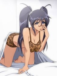 Rule 34 | 1girl, adjusting eyewear, all fours, bare shoulders, barefoot, bed, bed sheet, blue eyes, blue hair, blush, breasts, cleavage, covered erect nipples, curvy, feet, glasses, hanging breasts, hinata aki, keroro gunsou, large breasts, legs, lingerie, long hair, looking at viewer, matching hair/eyes, mature female, nightmare express, open mouth, pillow, solo, thighs, toes, twintails, under covers, underwear