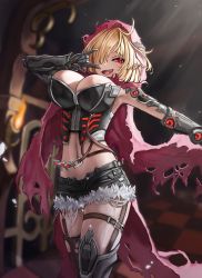 Rule 34 | 1girl, black shorts, blonde hair, blurry, blurry background, breasts, bustier, cleavage, executive red hood arabelle, guardian tales, hair over one eye, highres, indoors, large breasts, looking at viewer, mechanical arms, midriff, open mouth, pointy ears, red eyes, short hair, shorts, sign, smug, standing, toastania, torn clothes