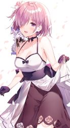 Rule 34 | 1girl, bare shoulders, blush, breasts, choker, cleavage, collarbone, dress, fate/grand order, fate (series), flower, formal, fou (fate), gloves, hair flower, hair ornament, hair over one eye, highres, kuroki (ma-na-tu), large breasts, light purple hair, looking at viewer, mash kyrielight, mash kyrielight (fgo x takarazuka kinen), official alternate costume, open mouth, petals, purple eyes, purple gloves, purple skirt, sash, short hair, simple background, skirt, smile, suit, white background, white dress