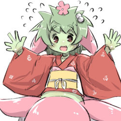 Rule 34 | 1girl, :d, bad id, bad pixiv id, blush, collarbone, colored skin, flower, flying sweatdrops, green hair, green skin, hair flower, hair ornament, japanese clothes, kimono, long hair, long sleeves, monster girl, obi, open mouth, original, pink flower, plant girl, red eyes, red kimono, sash, short kimono, simple background, smile, solo, u-non (annon&#039;an), white background, wide sleeves