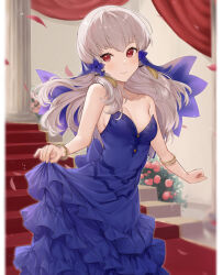 Rule 34 | 1girl, alternate costume, bare arms, bare shoulders, blue dress, bracelet, commentary request, cowboy shot, dress, fire emblem, fire emblem: three houses, haru (nakajou-28), indoors, jewelry, long hair, looking at viewer, lysithea von ordelia, nintendo, red eyes, skirt hold, smile, solo, stairs, standing, strapless, strapless dress, white hair