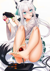 Rule 34 | 1girl, absurdres, ahoge, animal ears, bad id, bad pixiv id, bare legs, barefoot, bed sheet, black bow, black hat, bow, braid, controller, ear piercing, feet, food, food in mouth, fox ears, fox girl, fox tail, game controller, green eyes, green nails, green ribbon, green skirt, hair between eyes, hair bow, hair intakes, hair ribbon, hat, highres, holding, hololive, knees up, legs, long hair, long sleeves, looking away, looking to the side, mouth hold, nail polish, oruyanke (shirakami fubuki), piercing, pink shirt, pleated skirt, pocky, prehensile tail, ribbon, shirakami fubuki, shirakami fubuki (street), shirt, silver hair, skirt, solo, tail, toenail polish, toenails, toes, very long hair, virtual youtuber, white background, wide sleeves, xo (xo17800108)