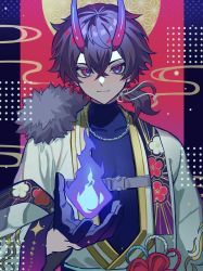 Rule 34 | 1boy, absurdres, black gloves, blue fire, chain, chain necklace, demon boy, fire, fireball, floral print, gloves, hair between eyes, haru4aki, highres, horns, japanese clothes, jewelry, looking at viewer, magic, male focus, necklace, oni horns, original, ponytail, purple hair, pyrokinesis, red eyes, upper body